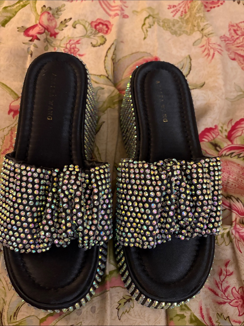 Azalea Wang Rainbow Rhinestone Platform Sandals Black